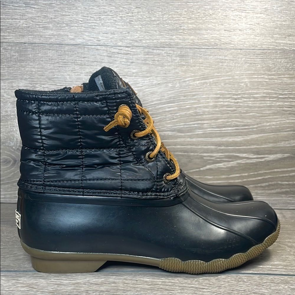 Sperry Top Sider Saltwater Black Quilted Women’s Sz 8 Tan Rubber Rain Duck Boots